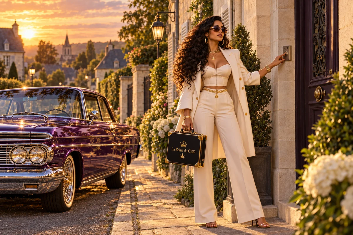 Illustration de La Reine du CBD avec sa mallette de livraison et une voiture violette devant une maison